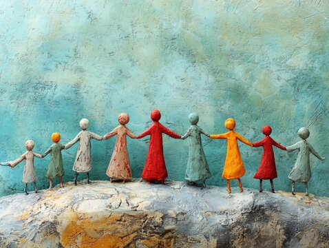Diverse clay figures holding hands on a textured artistic background