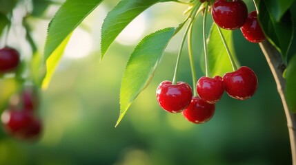 Obraz premium Ripe Cherries Hanging from a Branch
