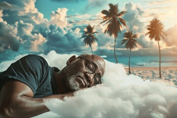 Middle-aged man finds rest and peace soft comfortable bed. Soft blanket envelops middle-aged man he sleeps serenely calm room. Allegory importance of relaxation and taking break from daily stress.