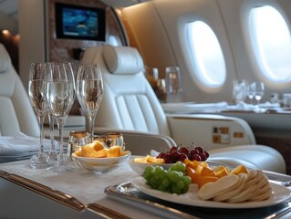 Luxurious in-flight dining experience on a private jet with champagne and cheese platter