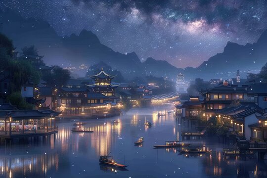Three boats are floating on a river with a beautiful night sky in the background