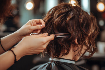 Fototapeta premium Woman in a beauty salon getting a professional haircut