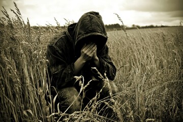 a man in a hoodie crouches down in a field