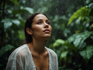 Serene woman enjoying rain in a lush jungle.