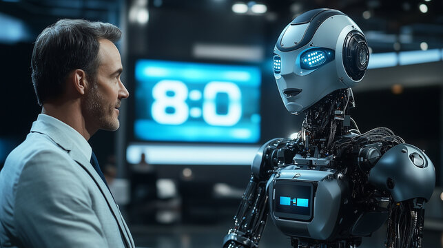 Tv host gears up to interview humanoid robot in cutting-edge studio, merging ai and media tech for a futuristic broadcast - embracing innovation in communication and journalism