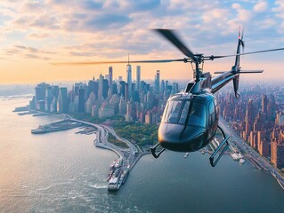 Helicopter flight over nyc skyline at sunset with stunning aerial views