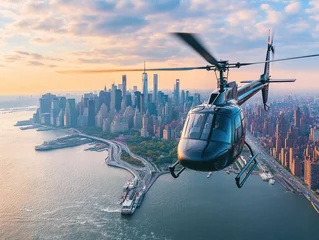 Fotobehang Helicopter flight over nyc skyline at sunset with stunning aerial views © Hanna