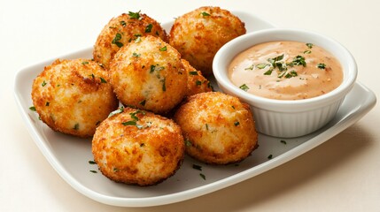 Fototapeta premium Crab croquettes with a dipping sauce, isolated on a warm cream background with gentle shadows for an elegant look