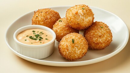 Crab croquettes with a dipping sauce, isolated on a warm cream background with gentle shadows for an elegant look
