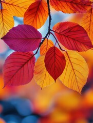 Obraz premium Vibrant Autumn Leaves in Close-Up with Rich Red, Orange, and Yellow Colors Against a Soft Blue Background