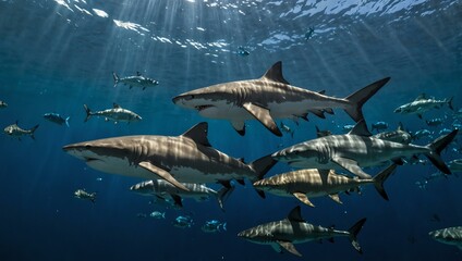 Naklejka premium Sharks swimming in blue water with fish.