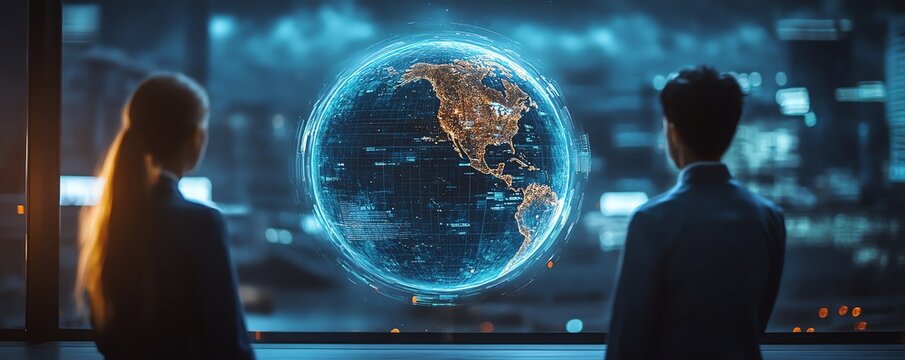 Two professionals gaze at a digital globe showcasing Asia and America, emphasizing technology and global connectivity.