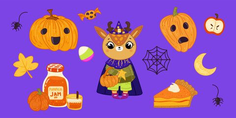 Vector set of Halloween elements: pumpkins, cute deer, web, pie, candy. Perfect for scrapbooking, greeting card, party invitation, poster, tag, stickers. Hand-drawn style. Fall theme.