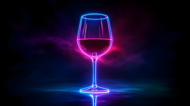 A luminous wine glass glowing in neon colors against a dark background, creating a vibrant and modern aesthetic.
