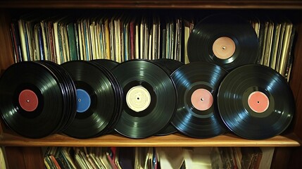 Vinyl record collection displayed on shelf