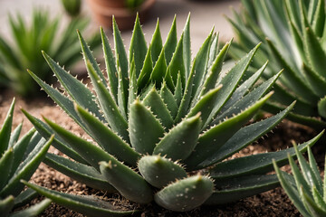 Fototapeta premium fresh aloe vera plant thriving in a lush garden