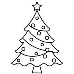 A simple outline of a decorated Christmas tree with ornaments and a star on top