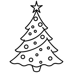 A simple outline of a decorated Christmas tree with ornaments and a star on top
