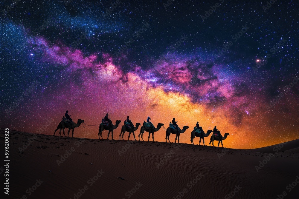 Wall mural Camel caravan under starry sky. Ideal for travel, adventure, and desert themed projects.