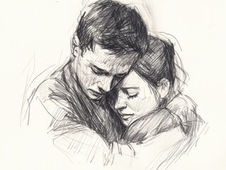 Fototapeta premium Tender embrace sketch of couple in emotional hug