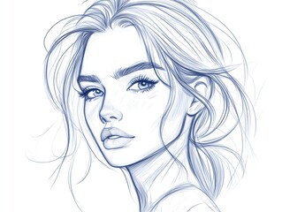 Fototapeta premium Elegant pencil sketch of a thoughtful woman with flowing hair