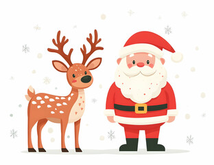 A cheerful Santa Claus stands beside a cute reindeer, embodying the spirit of Christmas joy and celebration with snowy backgrounds.