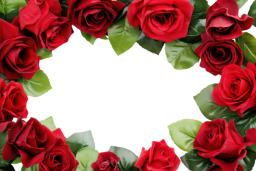 Red rose frame with green leaves isolated on a white background.  PNG transparent.