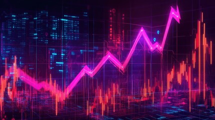 An abstract representation of a rising stock market graph in neon pink and blue, highlighting the concept of growth and financial success.