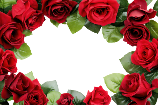 Red rose frame with green leaves isolated on a white background.  PNG transparent.