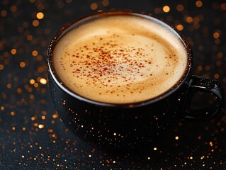 Cozy cup of cappuccino with spiced froth on black sparkle background