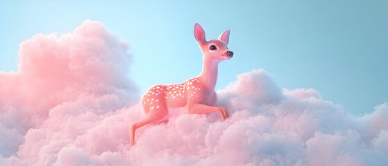 A cute deer figurine gracefully prancing on fluffy clouds, with a dreamy pastel background that evokes a whimsical atmosphere.