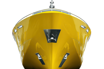 Yellow ferry boat viewed from the front isolated on a white background.  PNG transparent.