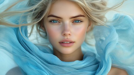 a Young woman practicing yoga meditation with symbols of seven chakras and Yin Yang on a tranquil background.