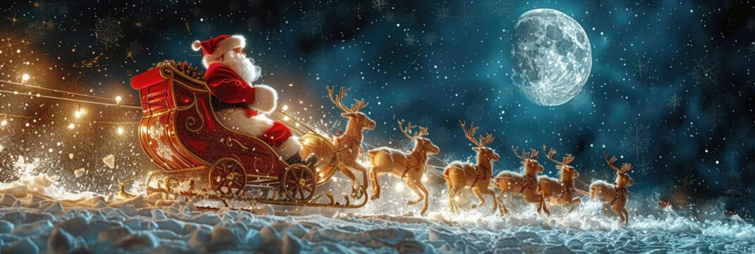 Santa Claus rides through a snowy landscape with reindeer under a bright, full moon