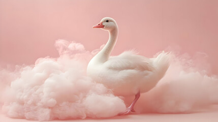 Elegant swan standing gracefully amidst soft pink clouds, showcasing beauty and serenity in a dreamy setting.