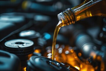 A bottle of oil is being poured into a car engine, generative ai image
