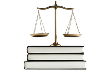 Scales of justice on top of stacked books isolated on a white background  PNG transparent.