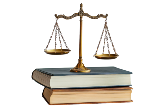 Scales of justice on top of stacked books isolated on a white background  PNG transparent. - Powered by Adobe