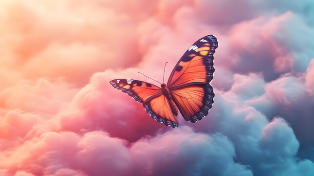 A beautiful butterfly gracefully flying over vibrant clouds, showcasing colors of nature in a captivating, serene moment.