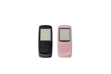 Two old mobile phones, one black and one pink, isolated on a white background.  PNG transparent.