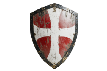 Medieval shield with red and white cross isolated on a white background.  PNG transparent.