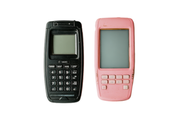 Two old mobile phones, one black and one pink, isolated on a white background.  PNG transparent.