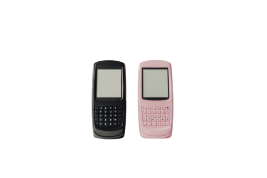 Two old mobile phones, one black and one pink, isolated on a white background.  PNG transparent.