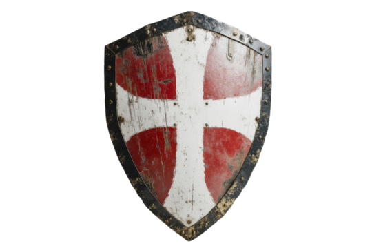 Medieval shield with red and white cross isolated on a white background.  PNG transparent.