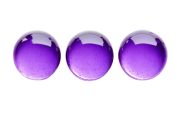 Three purple liquid droplets isolated on a white background.  PNG transparent.