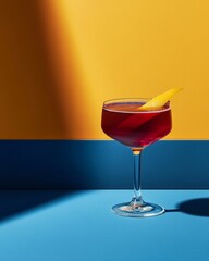 A vibrant dark red cocktail in an old-fashioned glass on a deep blue tabletop with shadow