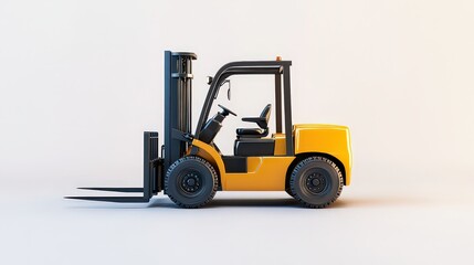  Yellow forklift in a minimalist studio setting, used in warehouses and construction to lift and move heavy loads for industrial purposes.