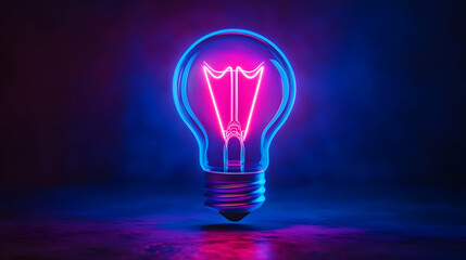 A vibrant neon light bulb is illuminated in striking pink and blue colors against a dark background, creating a modern atmosphere.