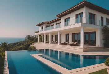 Fototapeta premium A beautiful white house with a refreshing pool in front