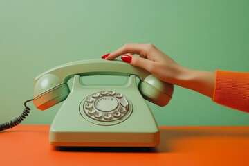 Vintage green telephone on a table with a woman's hand reaching for it against colorful background